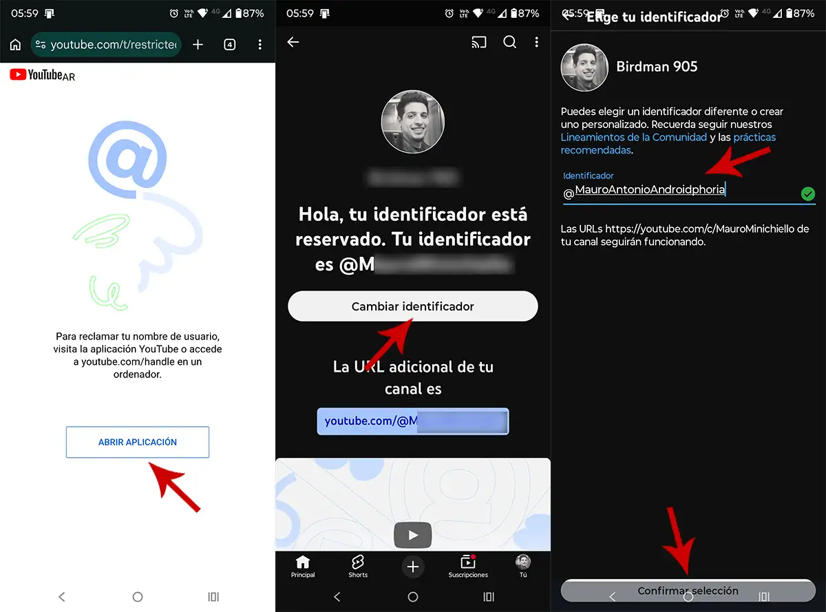 Cambiar nombre de usuario desde YouTube Handles móvil