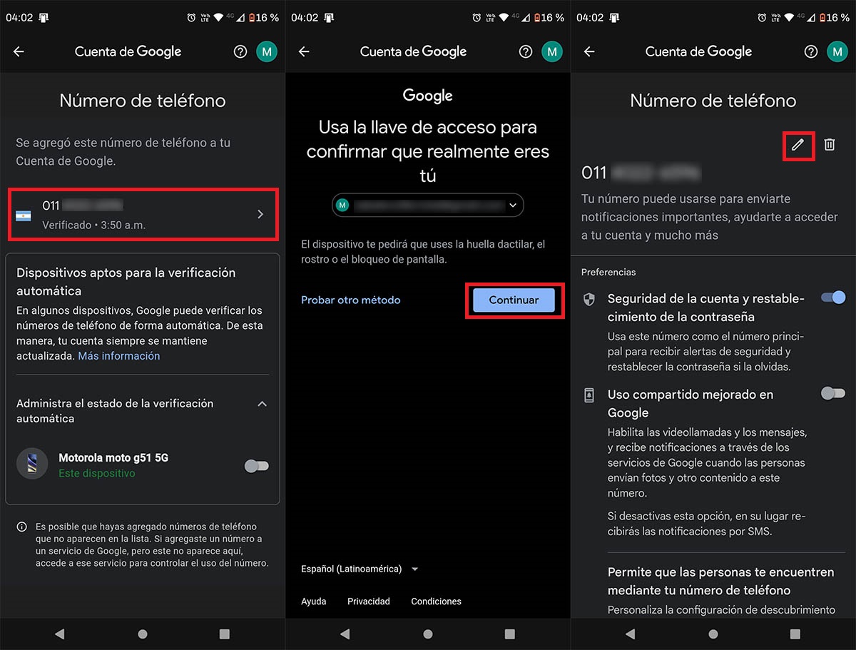 Cambiar numero cuenta de Google desde el móvil