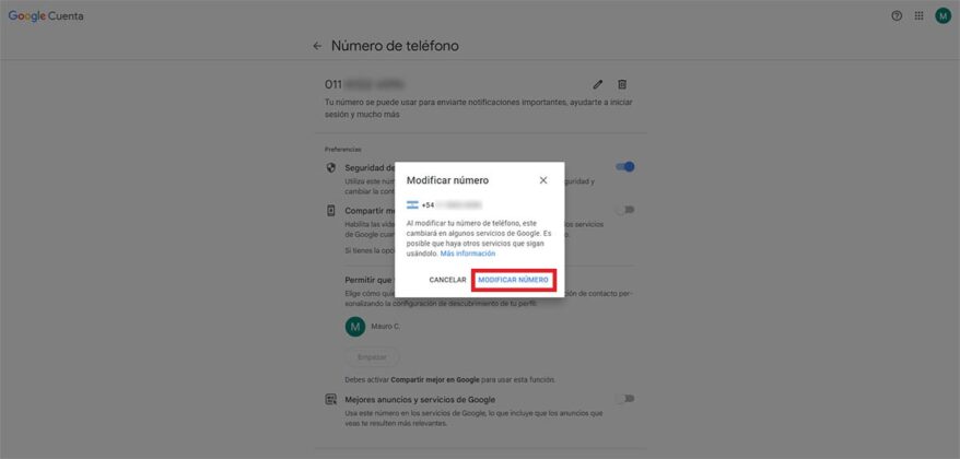 Cambiar numero de telefono cuenta de Google PC