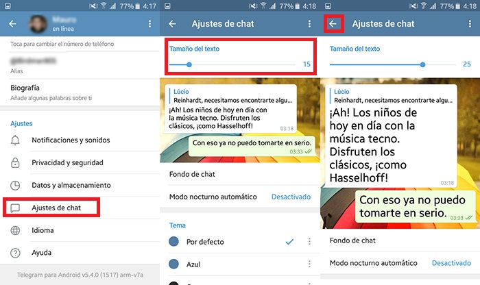 Cambiar tamano texto Telegram paso 2