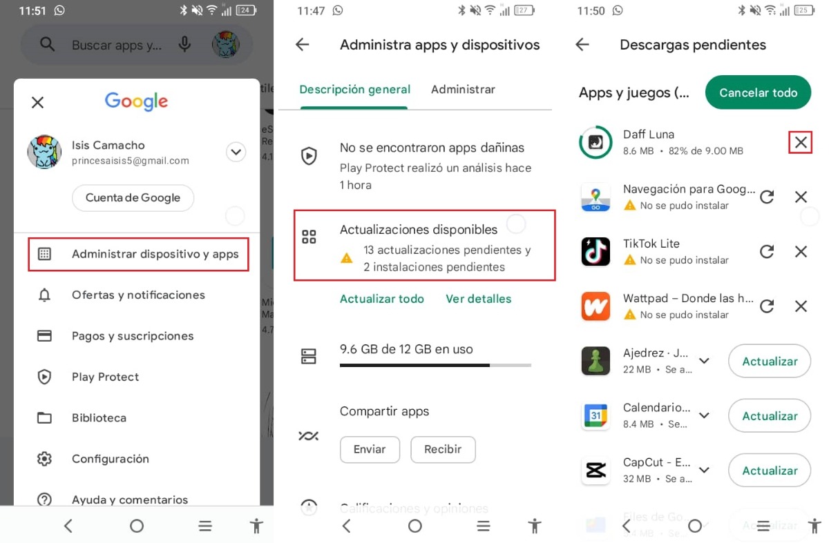 Cancelar y reiniciar descargas de google play store