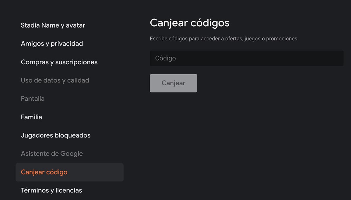 Canjear codigos Stadia