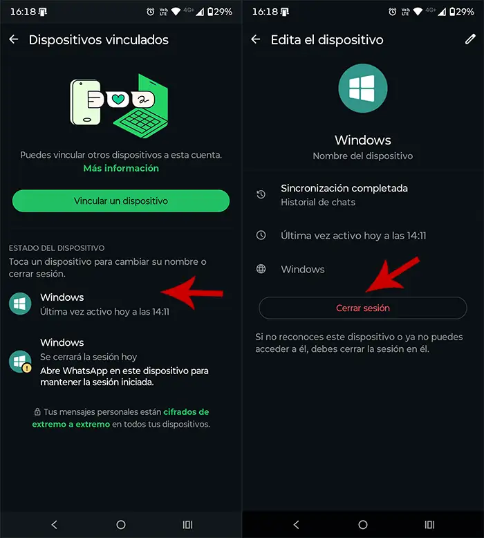 Cerrar sesion de un dispositivo WhatsApp