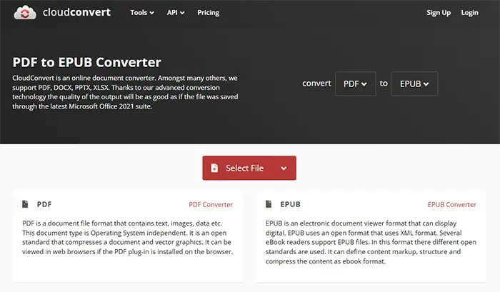 CloudConvert conversor de archivos PDF a EPUB