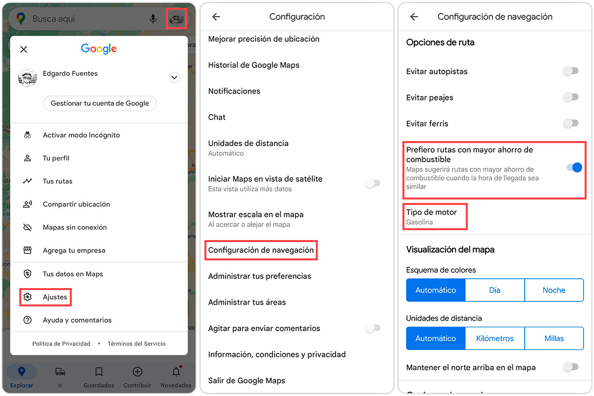 Como activar las rutas ecologicas desde ajustes google maps