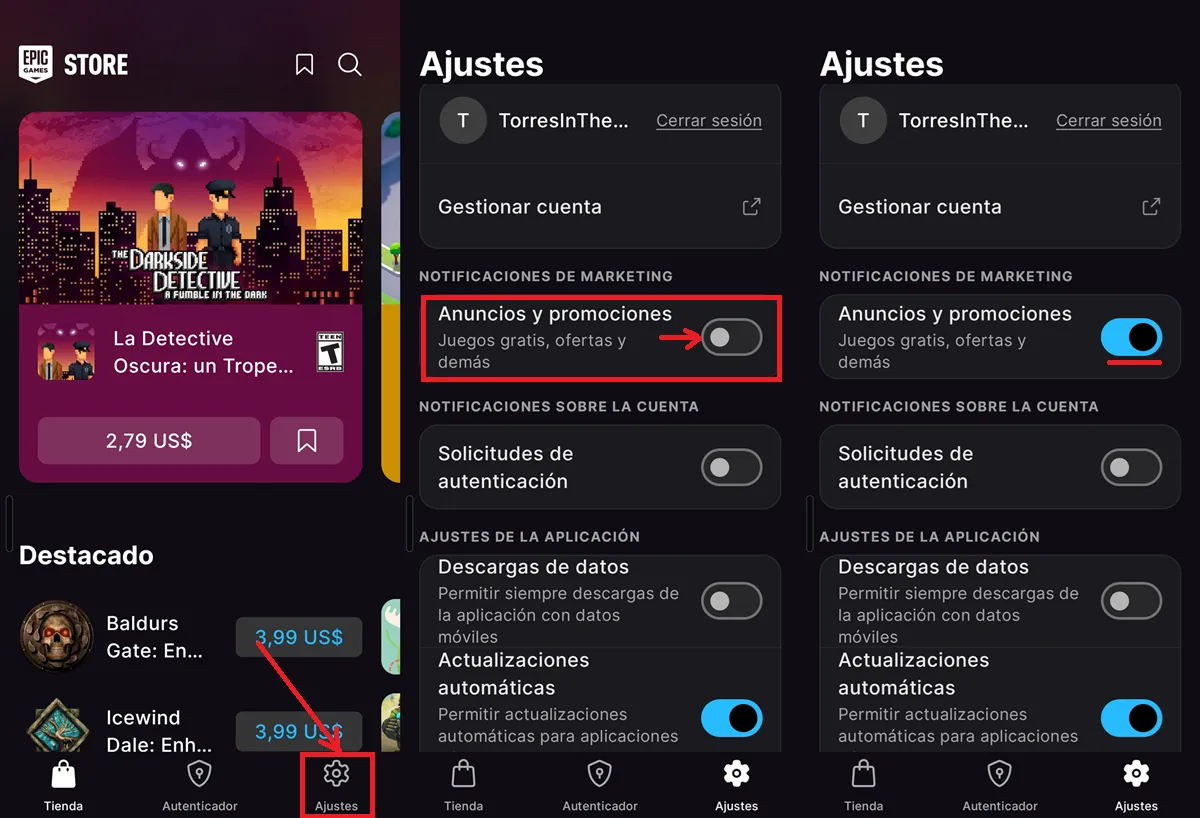 Como activar notificaciones de juegos gratis en Epic Games Store movil