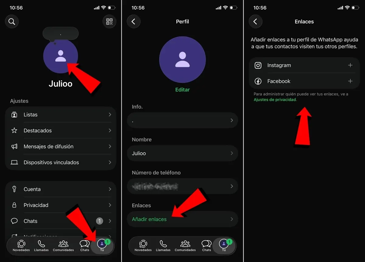 Como agregar tus redes sociales en tu perfil de WhatsApp