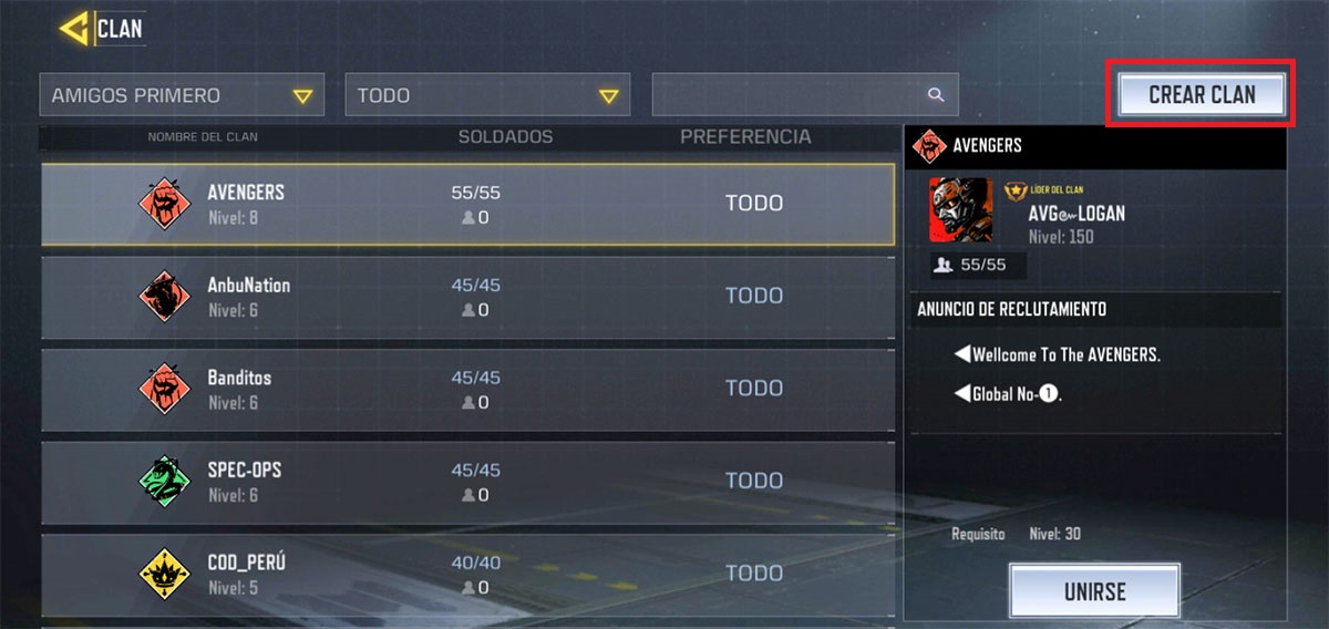 Como crear un clan Call of Duty Mobile paso 2