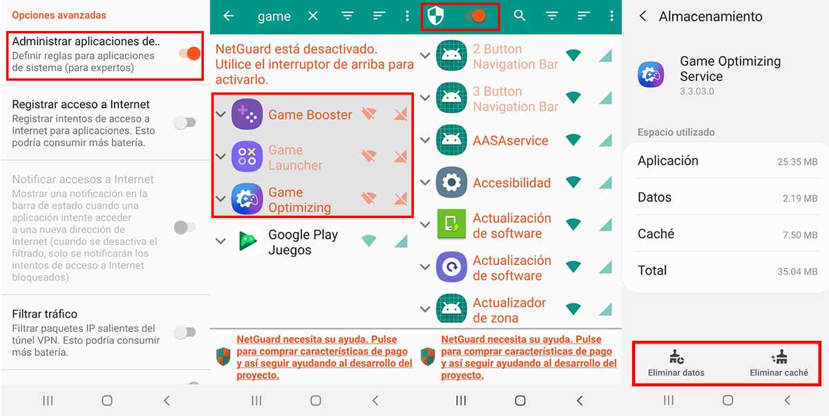 Cómo desactivar Game Optimizing Service en Samsung Galaxy con NetGuard