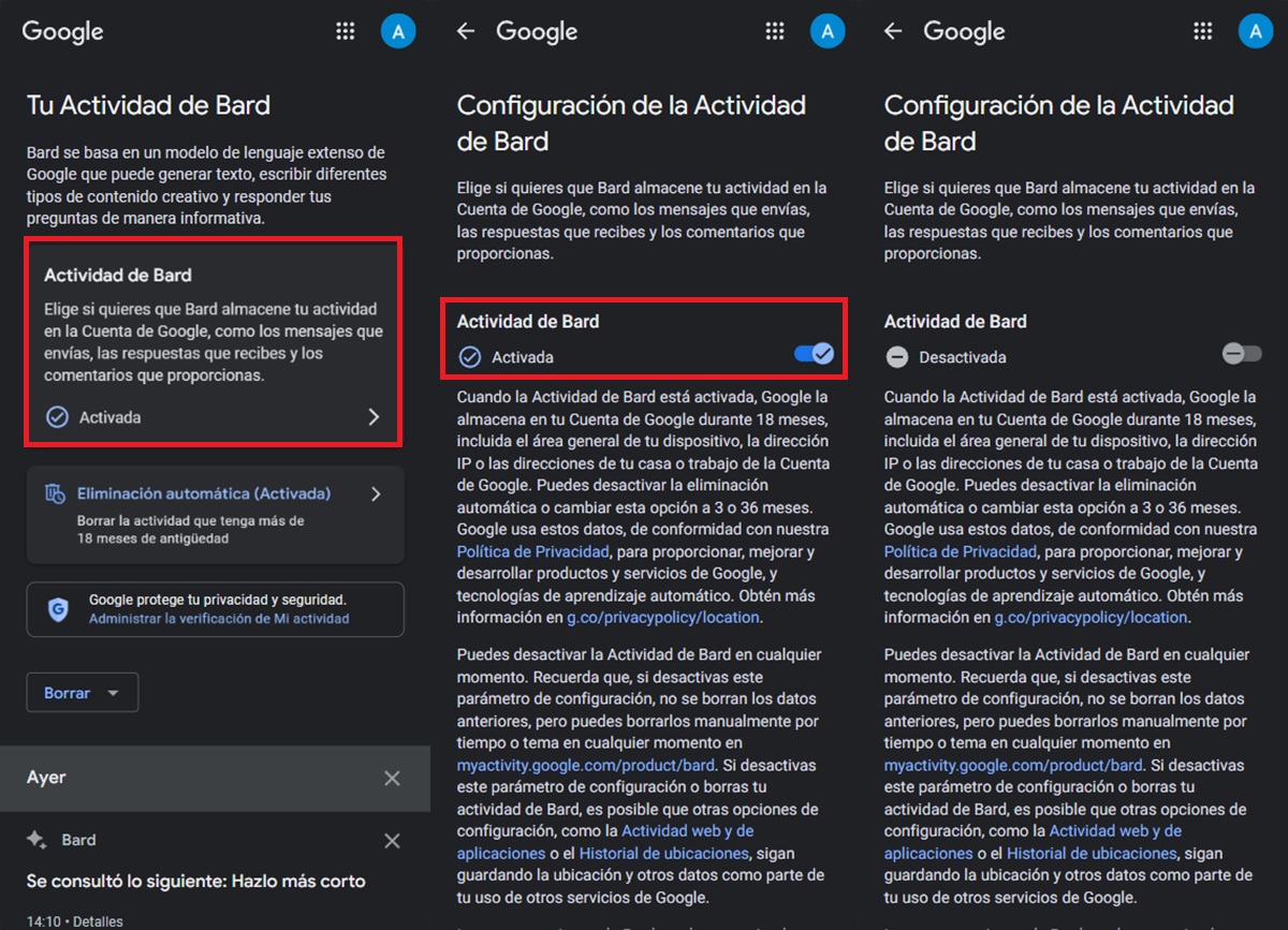 Como desactivar el historial de Google Bard