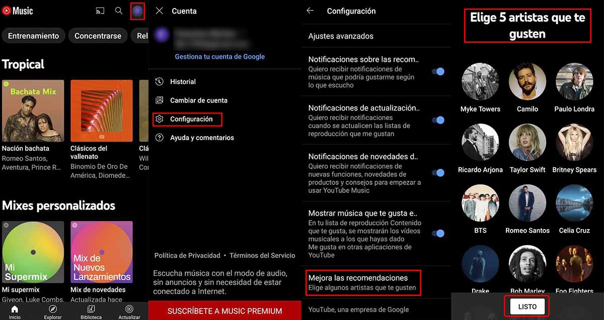 Cómo elegir artistas preferidos YouTube Music