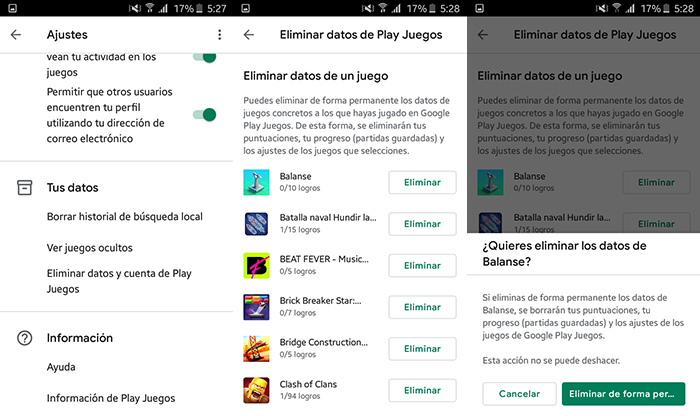 Como eliminar datos puntuaciones Google Play Juegos Paso 2