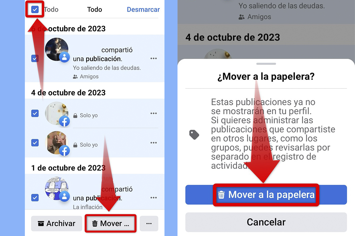 Selecciona todas las publicaiones de Facsebook y envíalo a la papelera