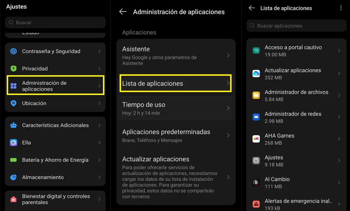Lista de apps desde Ajustes
