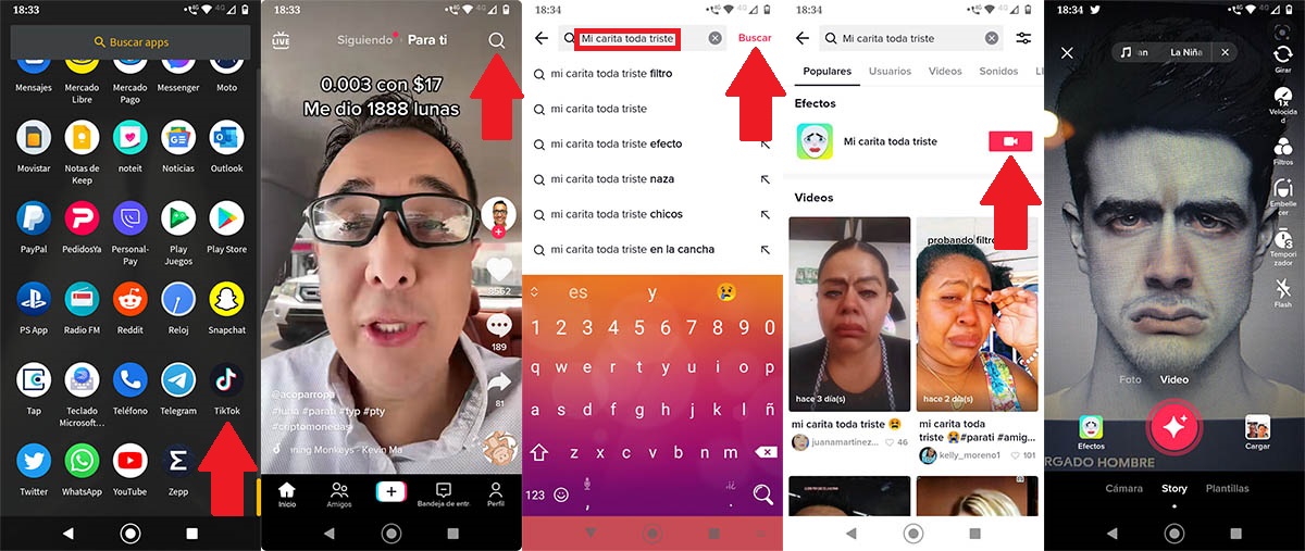 Como encontrar filtro cara triste en TikTok