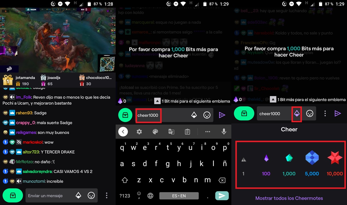 Como enviar bits en Twitch desde tu movil Android o iPhone