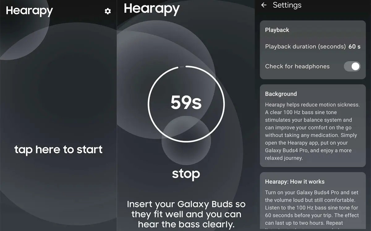 Interfaz de la app Hearapy de Samsung para evitar mareos en los viajes