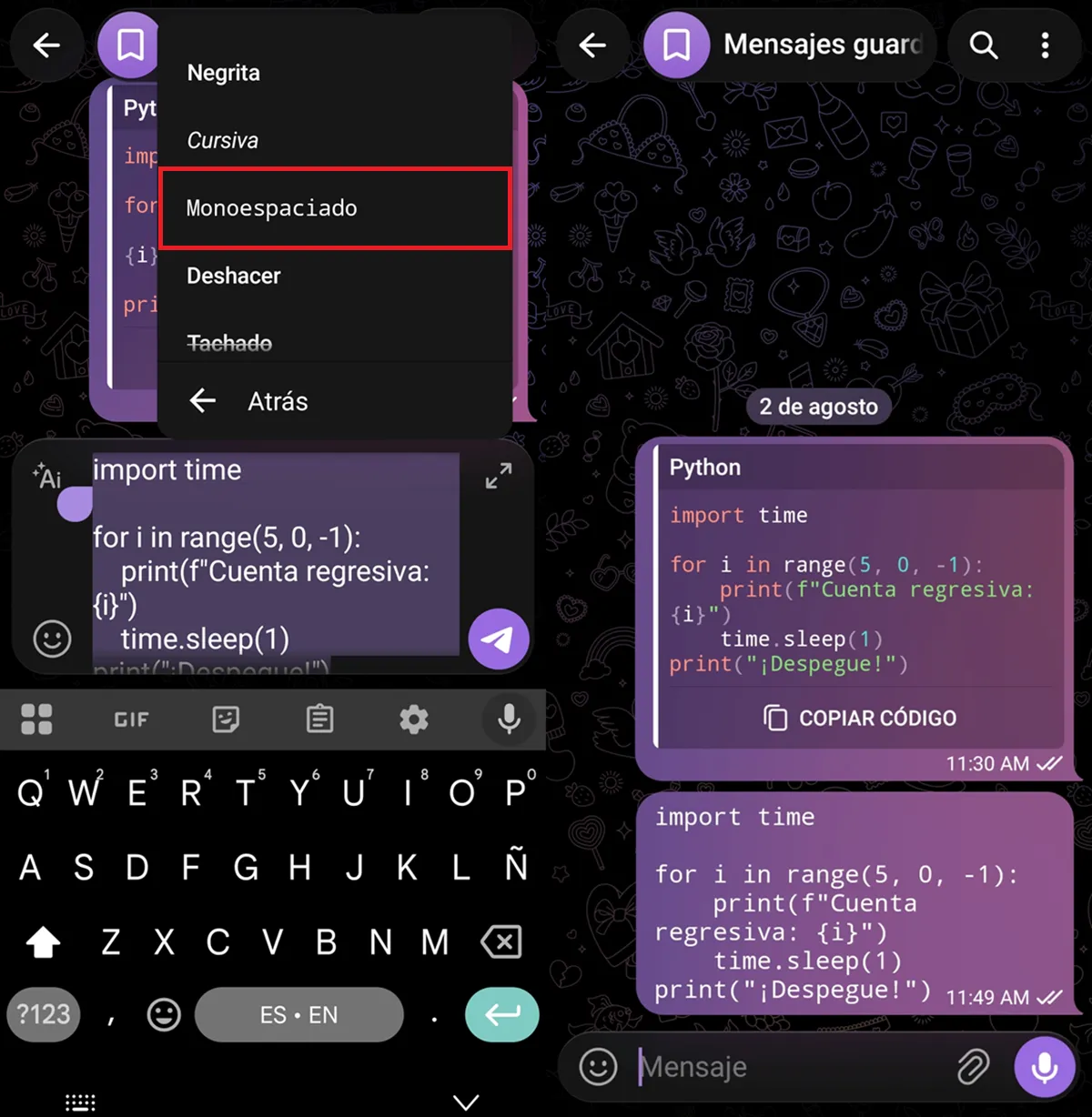 Como mandar codigo con formato monoespaciado en Telegram