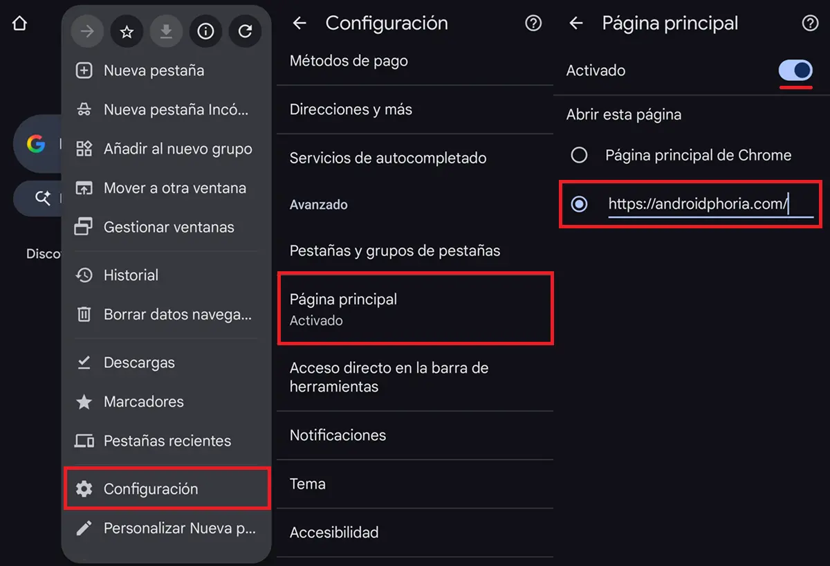 Como poner un sitio web como pagina de inicio en Google Chrome en android
