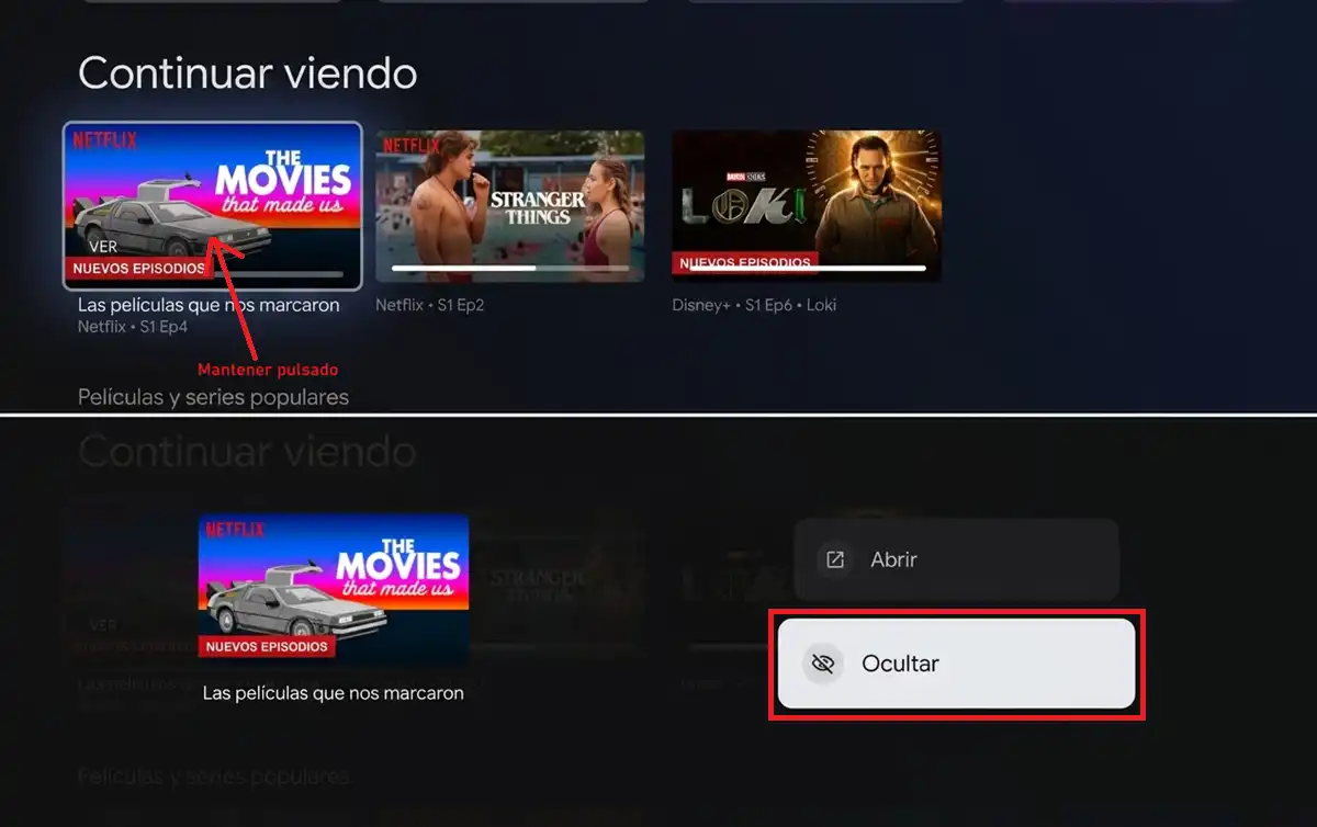 Como quitar contenido de la seccion Seguir viendo de Google TV