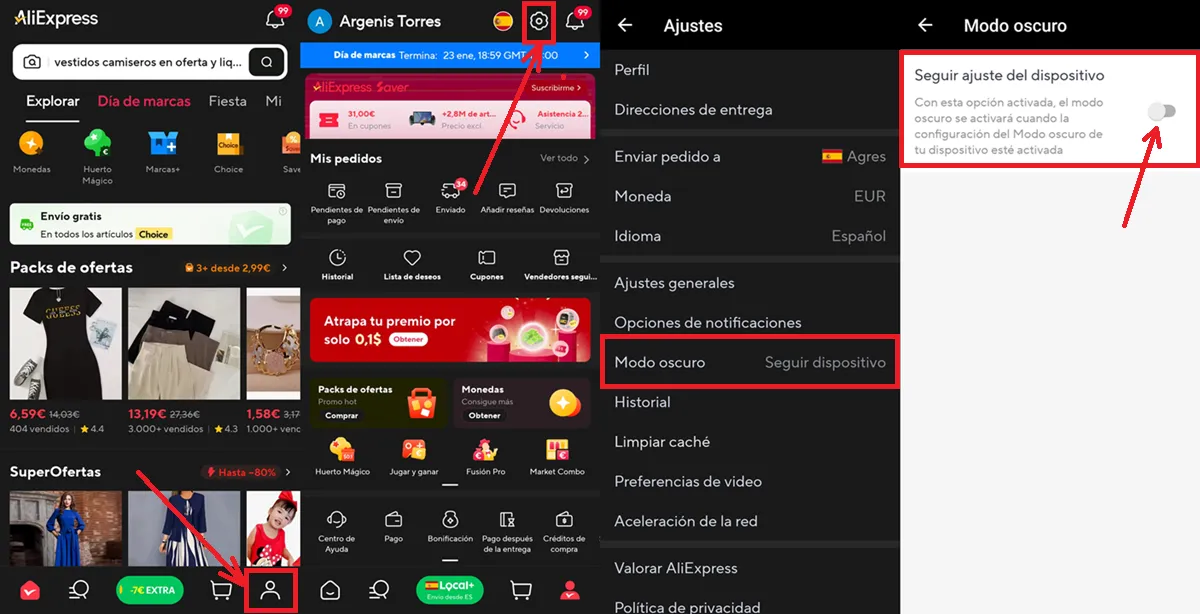 Como quitar el modo oscuro de AliExpress en el movil