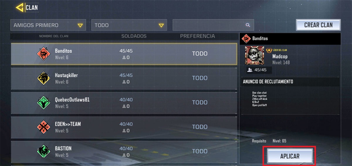 Como unirse a un clan Call of Duty Mobile paso 2