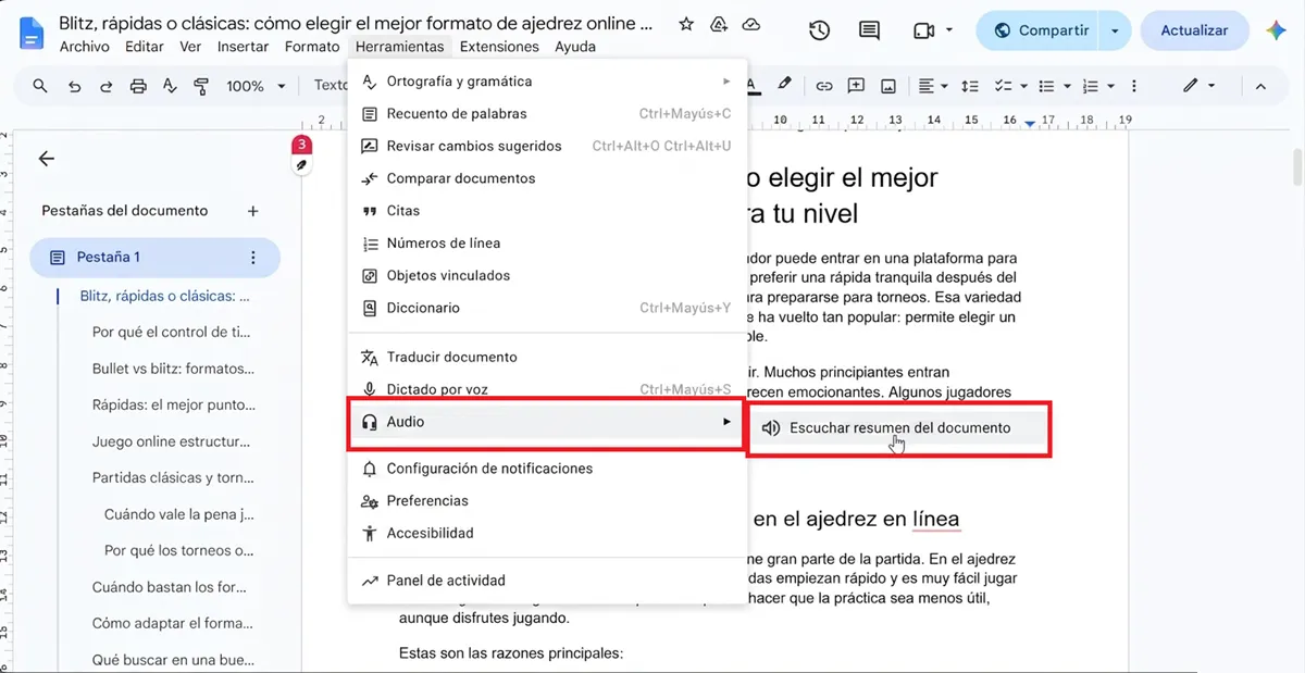 Como utilizar los resumenes de audio en Google Docs