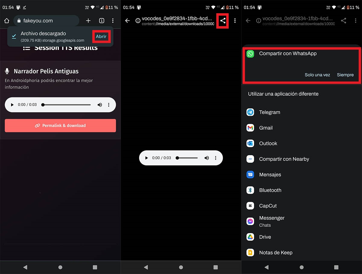 Compartir audio generado en FakeYou por WhatsApp