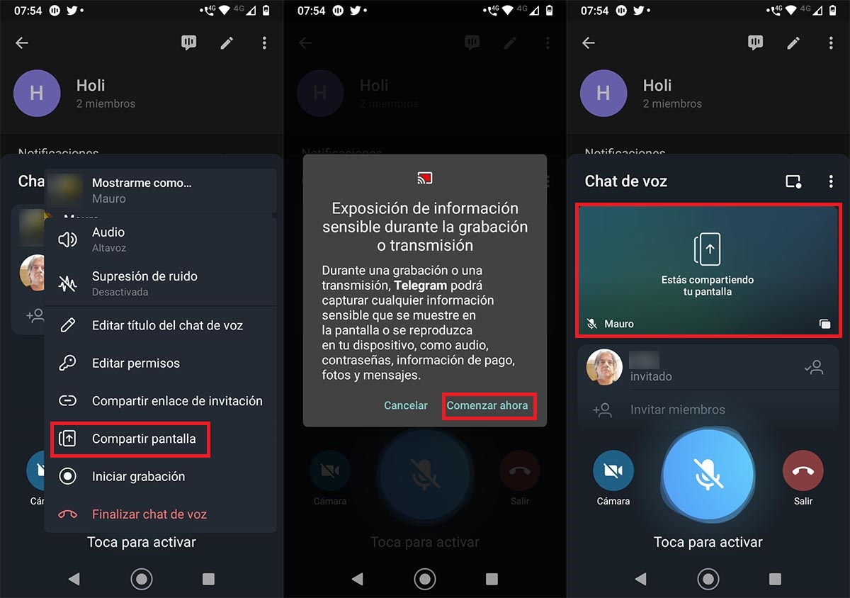 Compartir la pantalla en videollamada o chat de voz Telegram