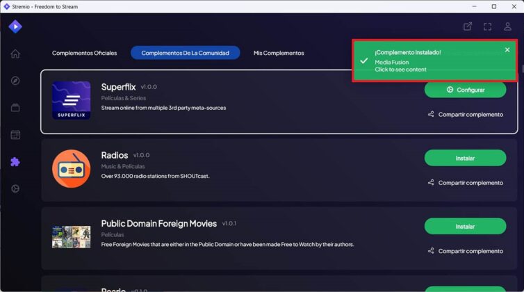 Complemento instalado exitosamente en Stremio PC