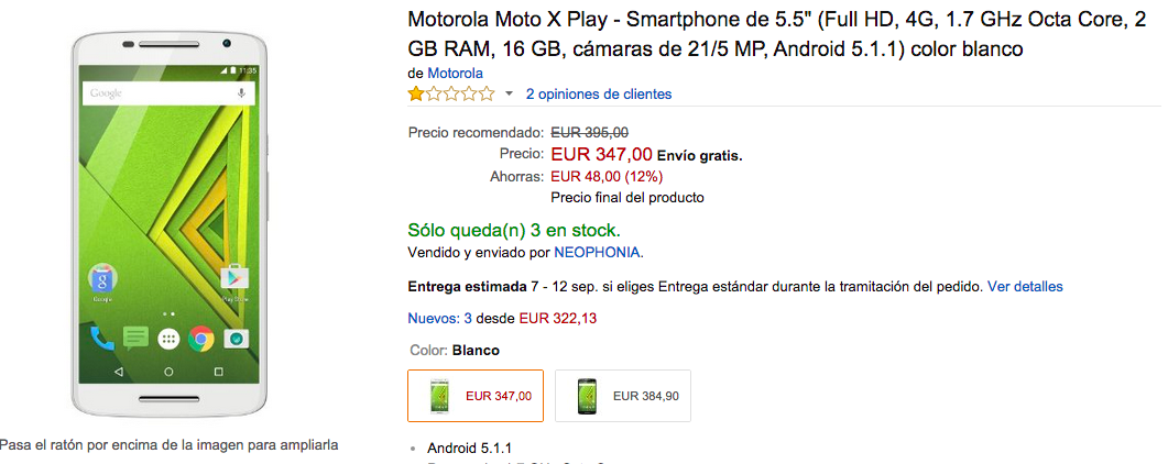 Compra el Moto X Play Blanco de oferta en Amazon