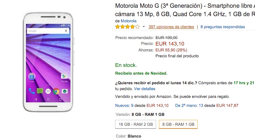 Comprar Moto G 2015 por 143 euros en Amazon