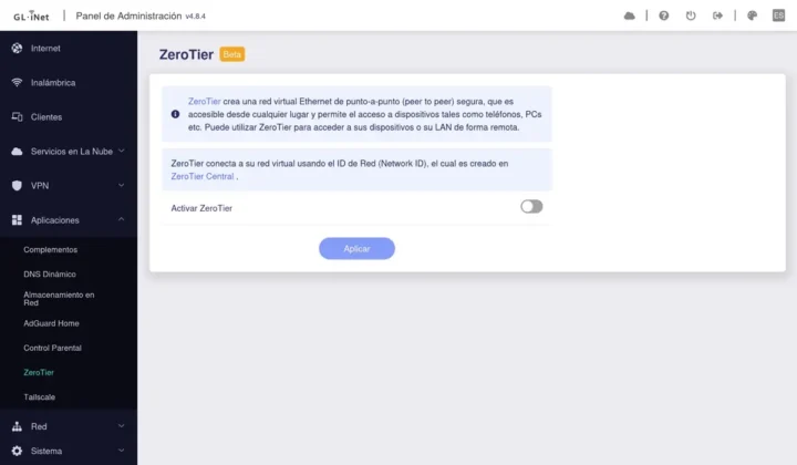 Con la funcion ZeroTier puedes crear una red virtual privada para tus dispositivos GL.iNet Flint 3e
