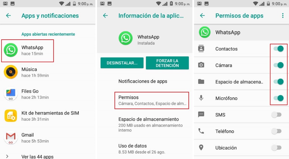 Concede permisos a WhatsApp