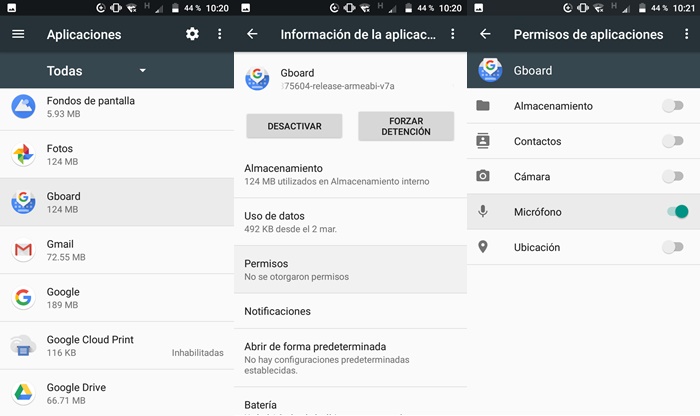 Conceder permiso de micrófono a la app Gboard