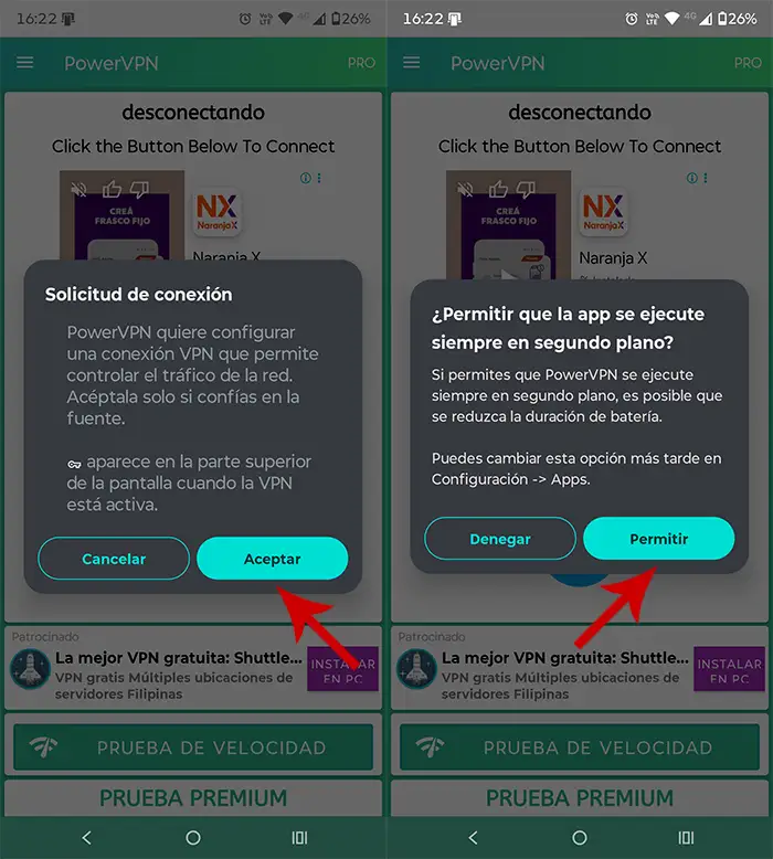 Conceder permisos Power VPN Android
