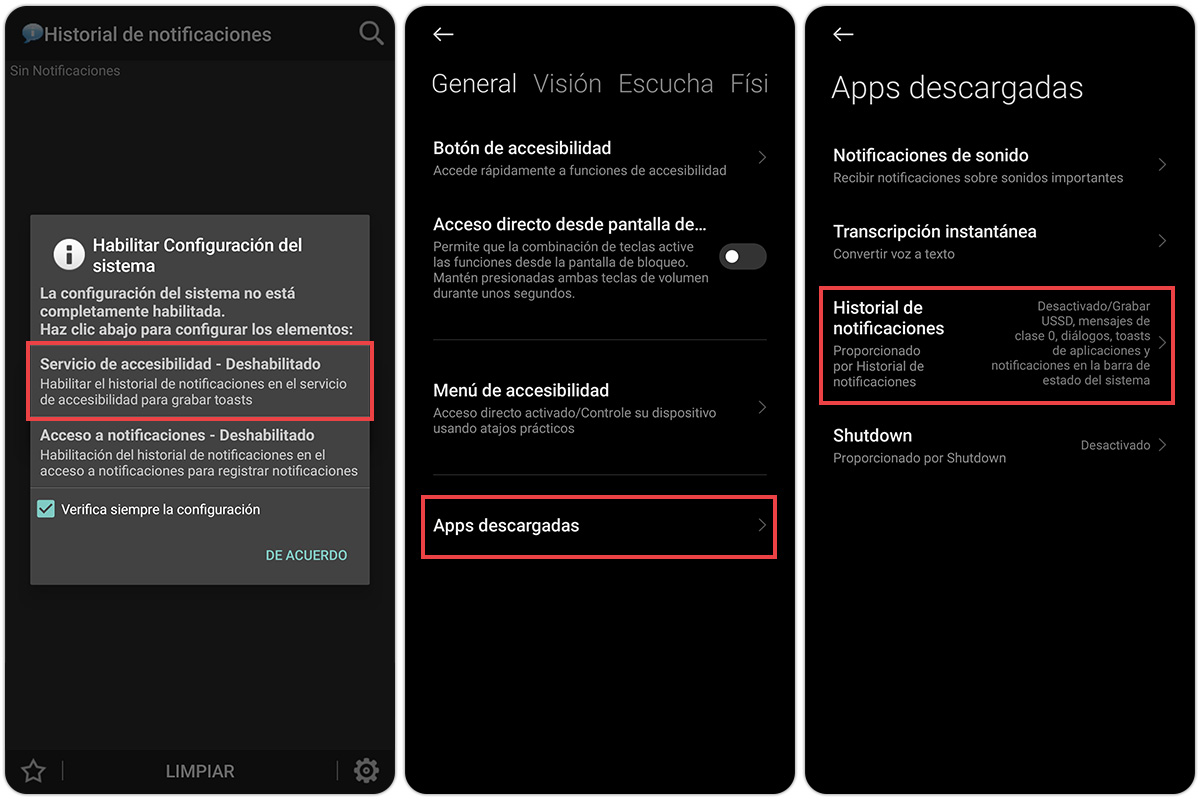 Conceder permisos de accesibilidad a historial de notificaciones