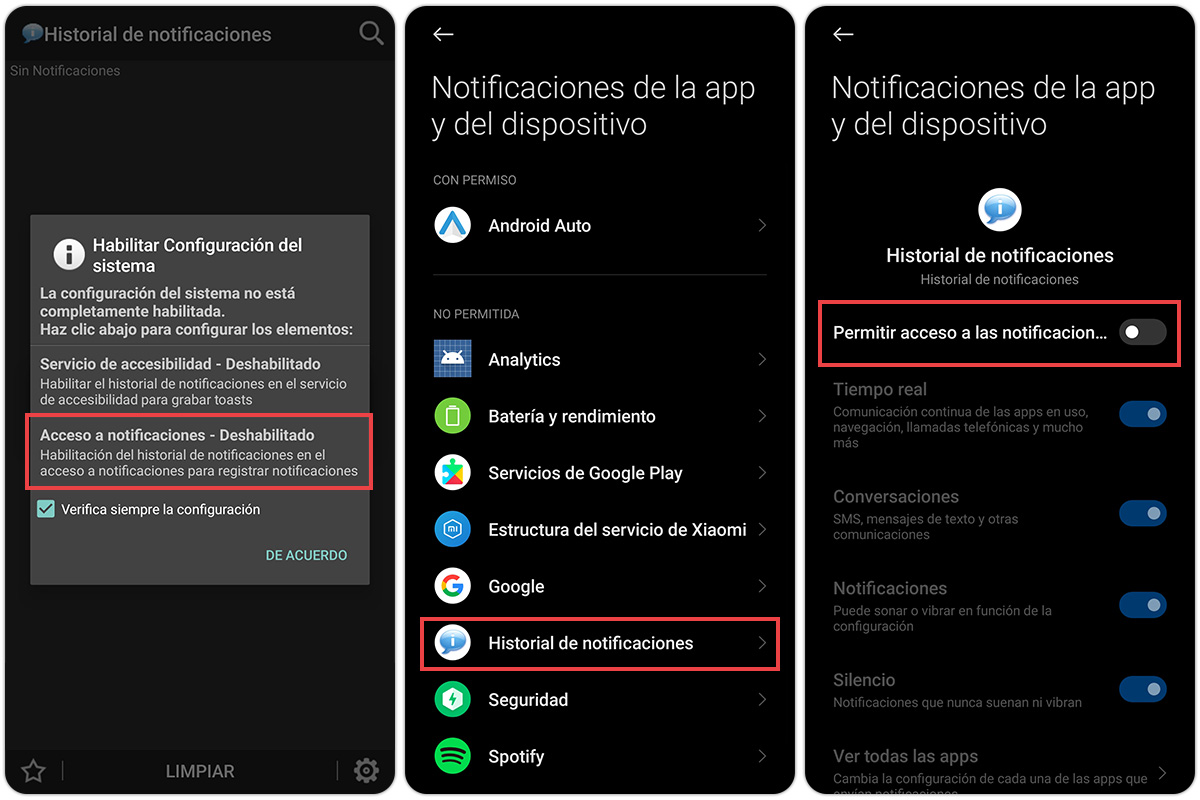 Conceder permisos de notificaciones a historial de notificaciones