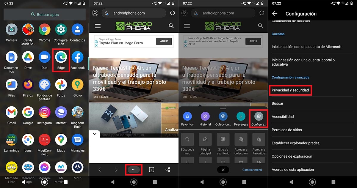 Configuracion Microsoft Edge Anddroid