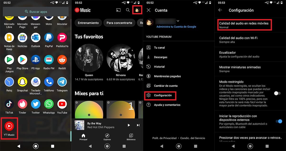 Configuracion audio YouTube Music