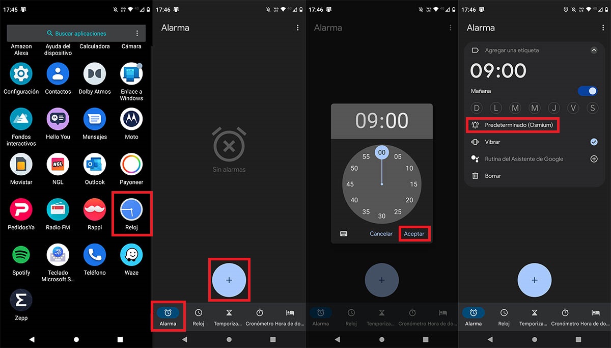 Configurar alarma en la app Reloj de Google