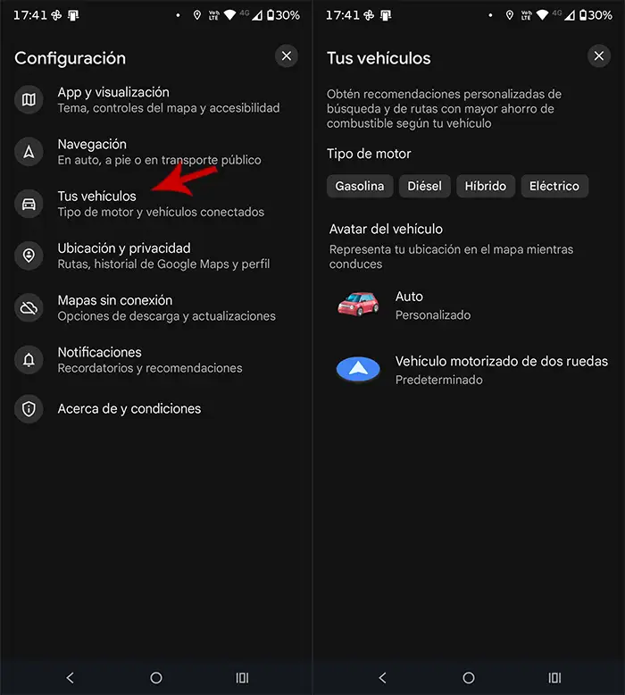 Configurar coche en Google Maps