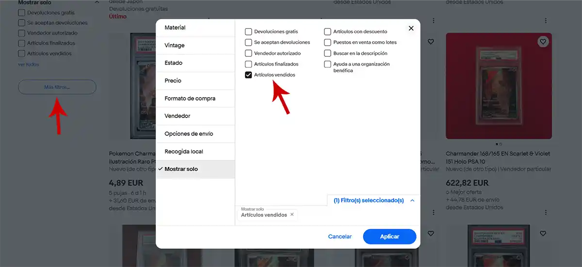 Configurar filtros en eBay para ver cartas Pokémon