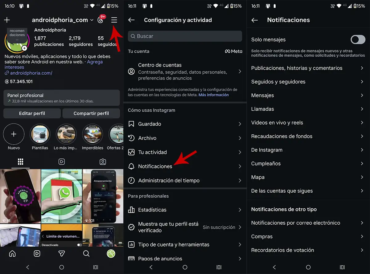 Configurar notificaciones en Instagram