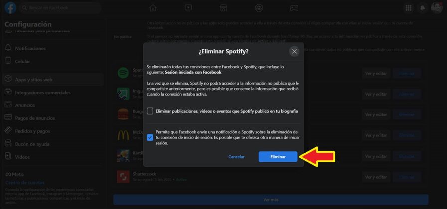 Confirmar eliminación de Spotify en Facebook