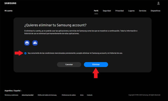 Confirmar la eliminación de la cuenta de Samsung