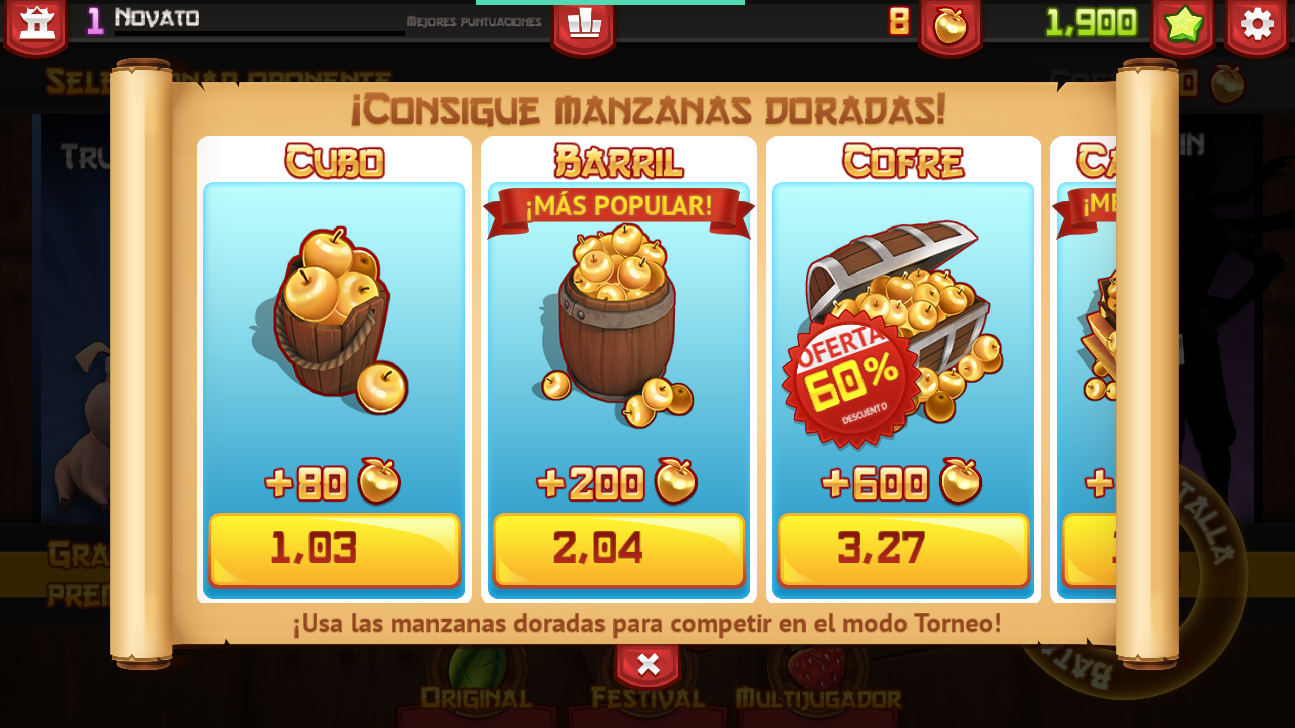 Conseguir manzanas doradas en Fruit Ninja comprando