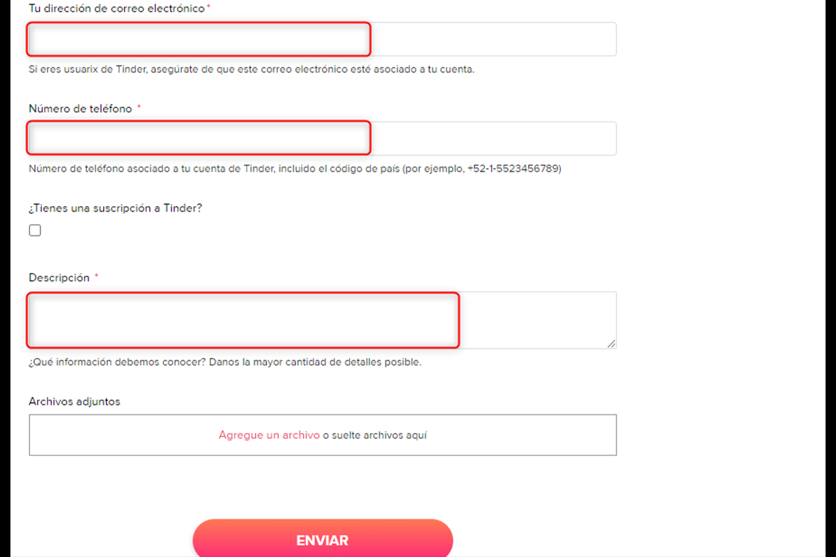 Rellena el formulario para enviar tu queja a Tinder
