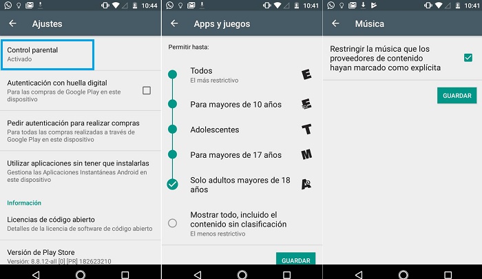 Control parental Google Play Store activar