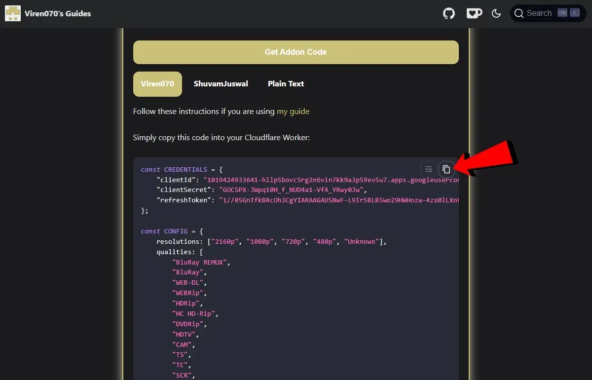 Copia el codigo del addon para pegarlo en Cloudflare Worker